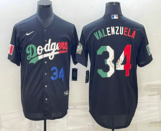 Men%27s Los Angeles Dodgers #34 Fernando Valenzuela Number Mexico Black Cool Base Stitched Baseball Jerseys